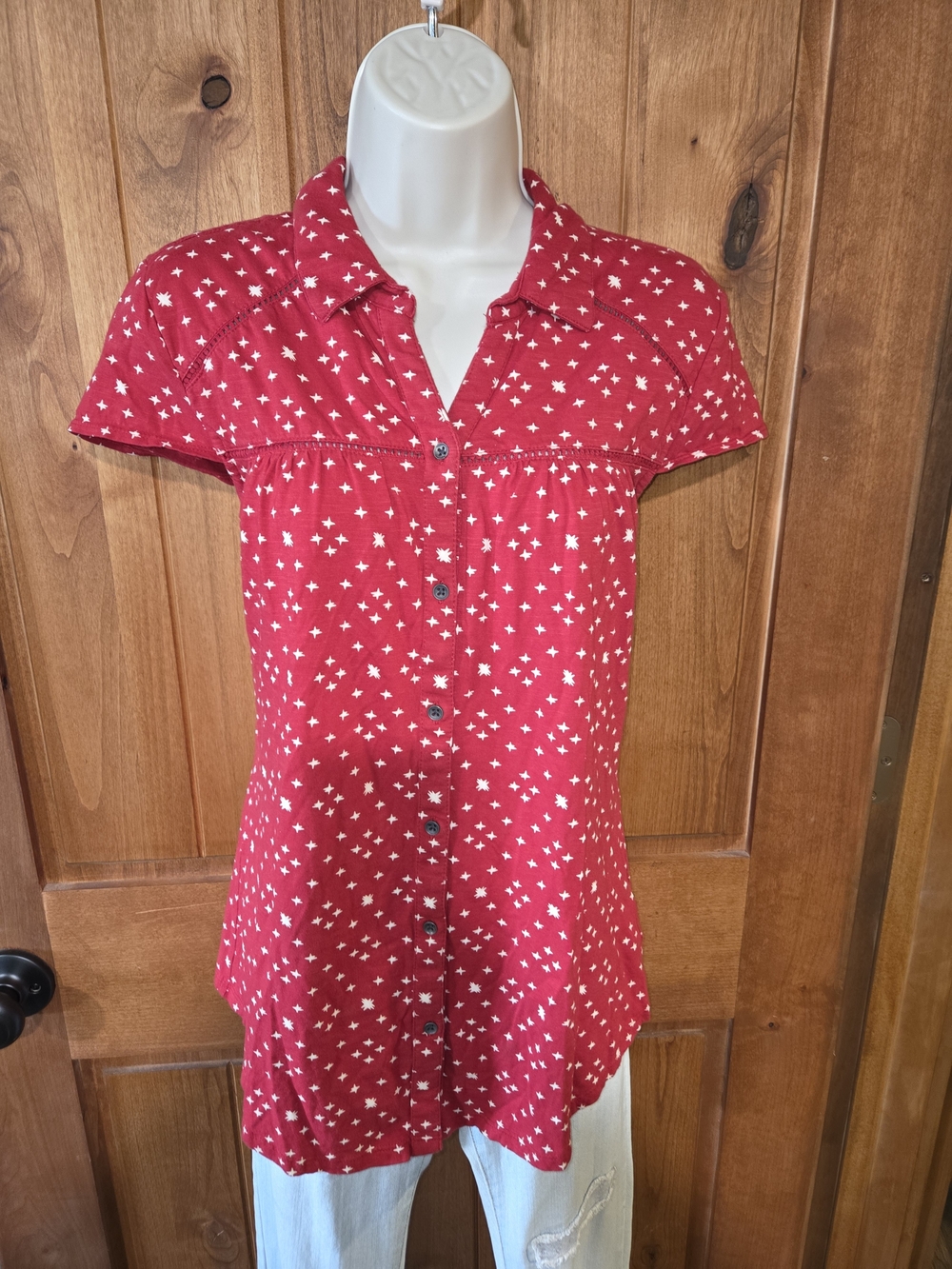 Ruff Hewn Red Short-Sleeve Button-Front Shirt with White Star Print